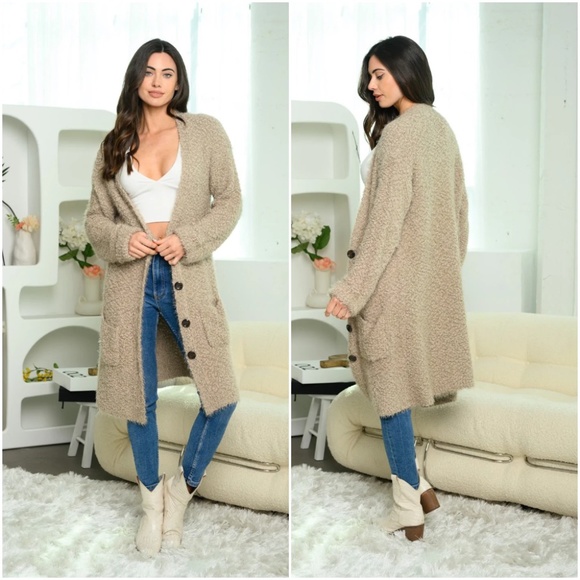 Trend Setter Diva Boutique Sweaters - LONG SLEEVE BUTTON UP FUZZY POPCORN YARN CARDIGAN